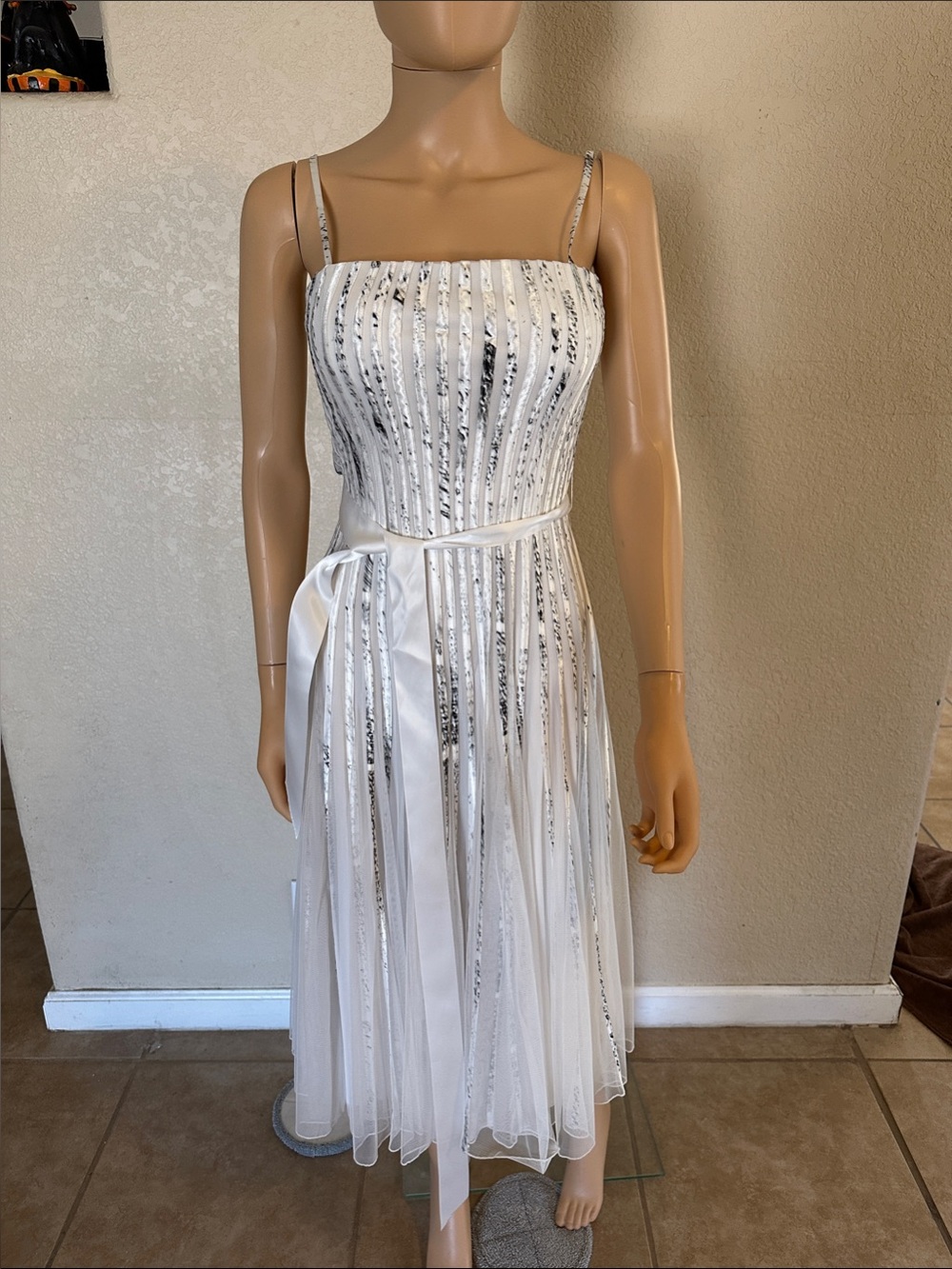 Cache White and Silver Striped Midi Dress with Satin Waist Tie and scarf